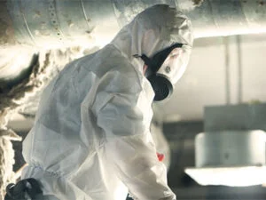 asbest-personal med korrekt utrustning och mask